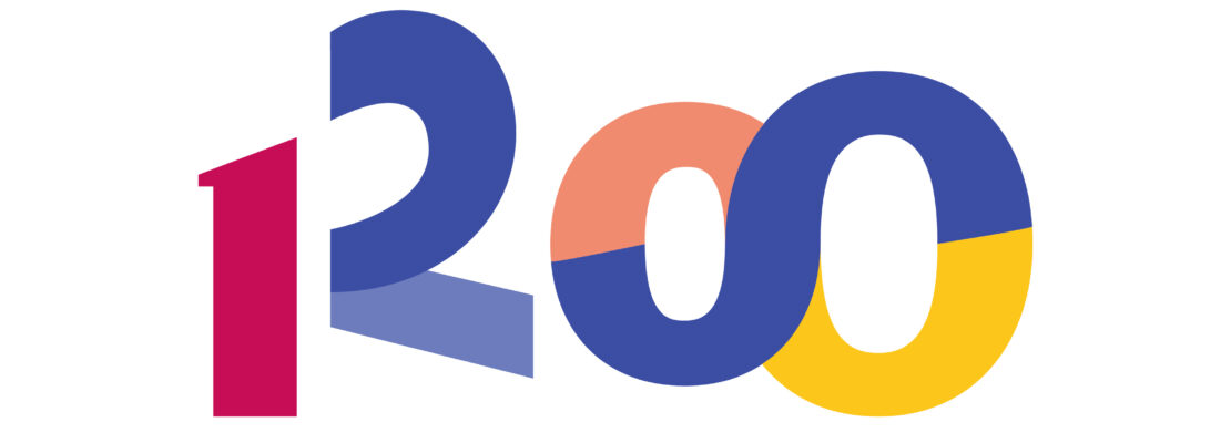 Startseite: Buntes Logo 1200 in Pink, Blau, Orange und Gelb auf Weiß.