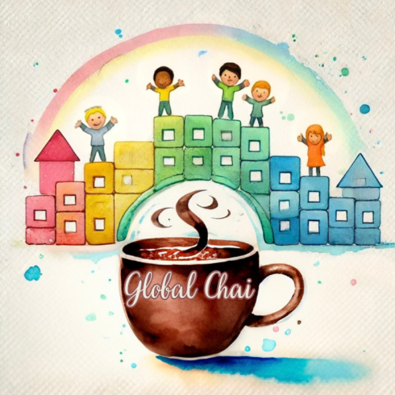 Aquarell: Global Chai Tasse, Kinder auf bunten Blöcken unter Regenbogen. Heißgetränk, Vielfalt, Spaß.