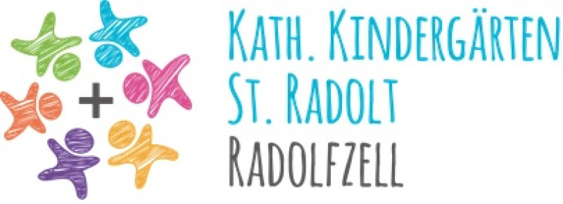 Logo Kath. Kindergärten St. Radolt Radolfzell. Bunte Kinderfiguren, Kindergarten, Betreuung, Kinder.