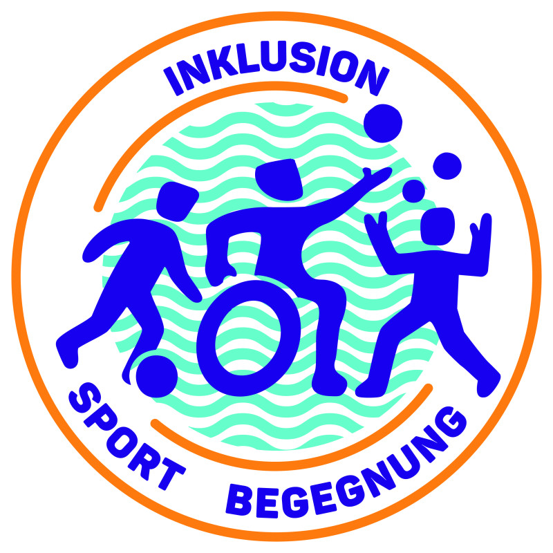 Logo Inklusion Sport Begegnung: Menschen mit und ohne Behinderung beim Sport. Inklusives Sportevent.