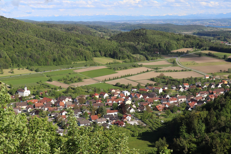 Landschaftsbild: Dorf, Felder, grüne Hügel, Wald und Alpenpanorama im Hintergrund. Ländliche Idylle.