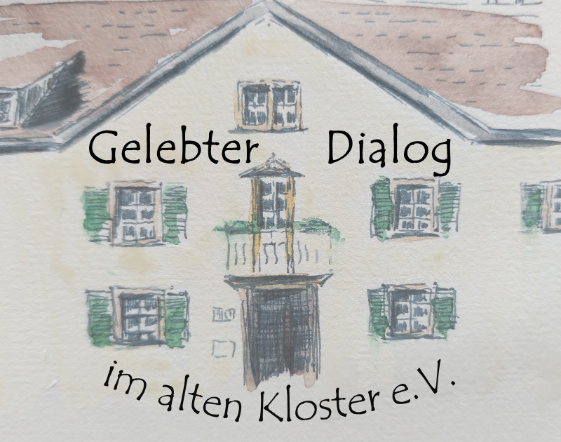 Aquarell: Altes Kloster mit Fenstern und Dach. Gelebter Dialog im alten Kloster e.V. Fassade mit Charme.