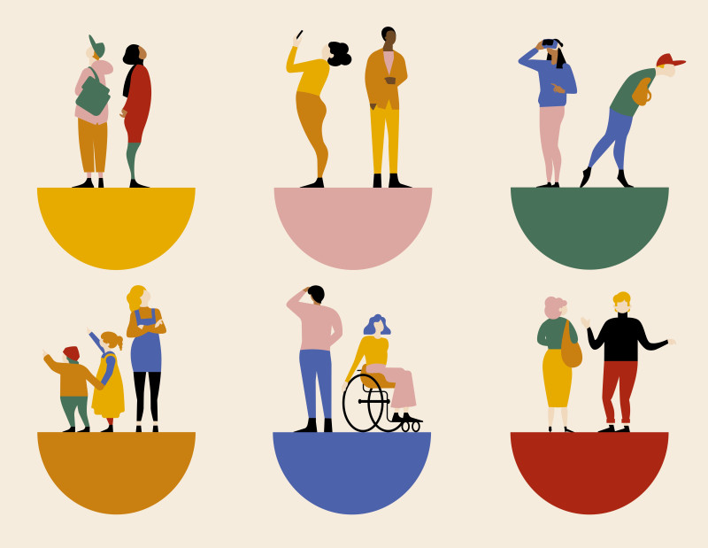 Illustration von vielfältigen Menschen auf farbigen Halbkreisen. Inklusion, Diversität.